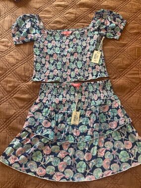 Smocked Crop Top & Tiered Skirt Set - Navy with Teal & Pink Shell Print